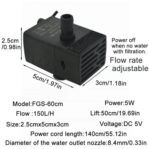 Ultra Quiet USB Aquarium Fish Tank Filtration Pump Mini Pet Fountain
