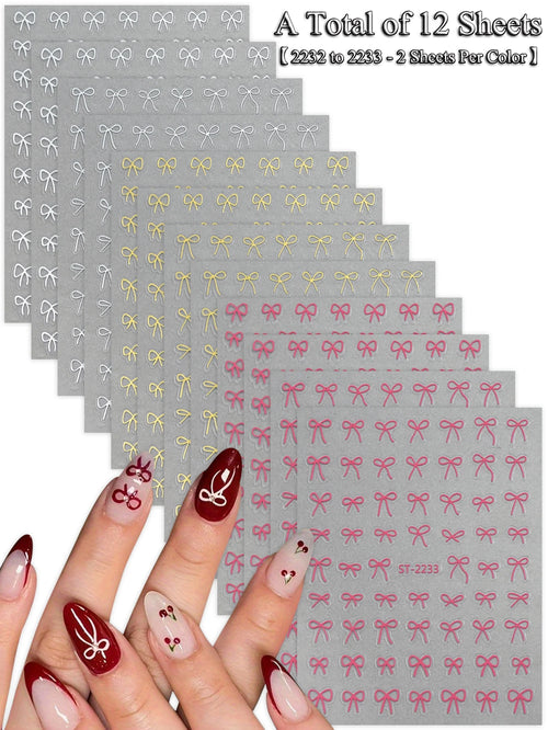 6/12/18/24/30 Sheets Bowknot Nail Stickers Cute Ribbon Design Self