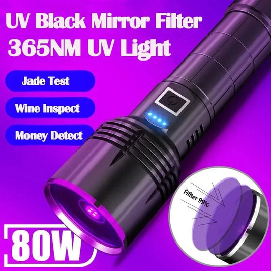 Powerful 365NM UV Flashlight USB Rechargeable Waterproof Purple Light