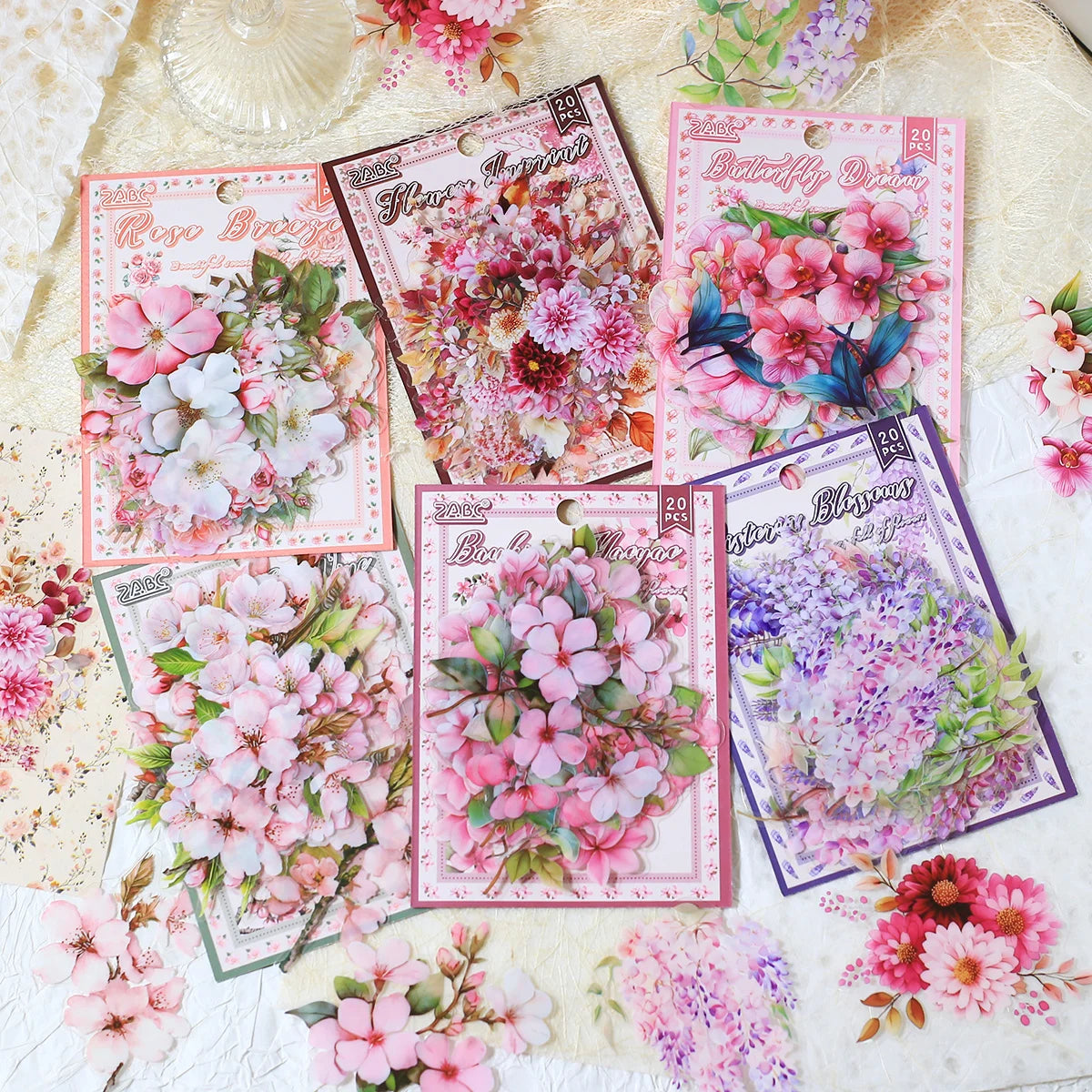 20pcs PET Floral Stickers Hand Account Collage PET Stickers for