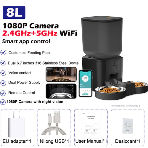 8L Automatic Cat Feeder With 1080p Camera Video 5G WiFi Cat Food