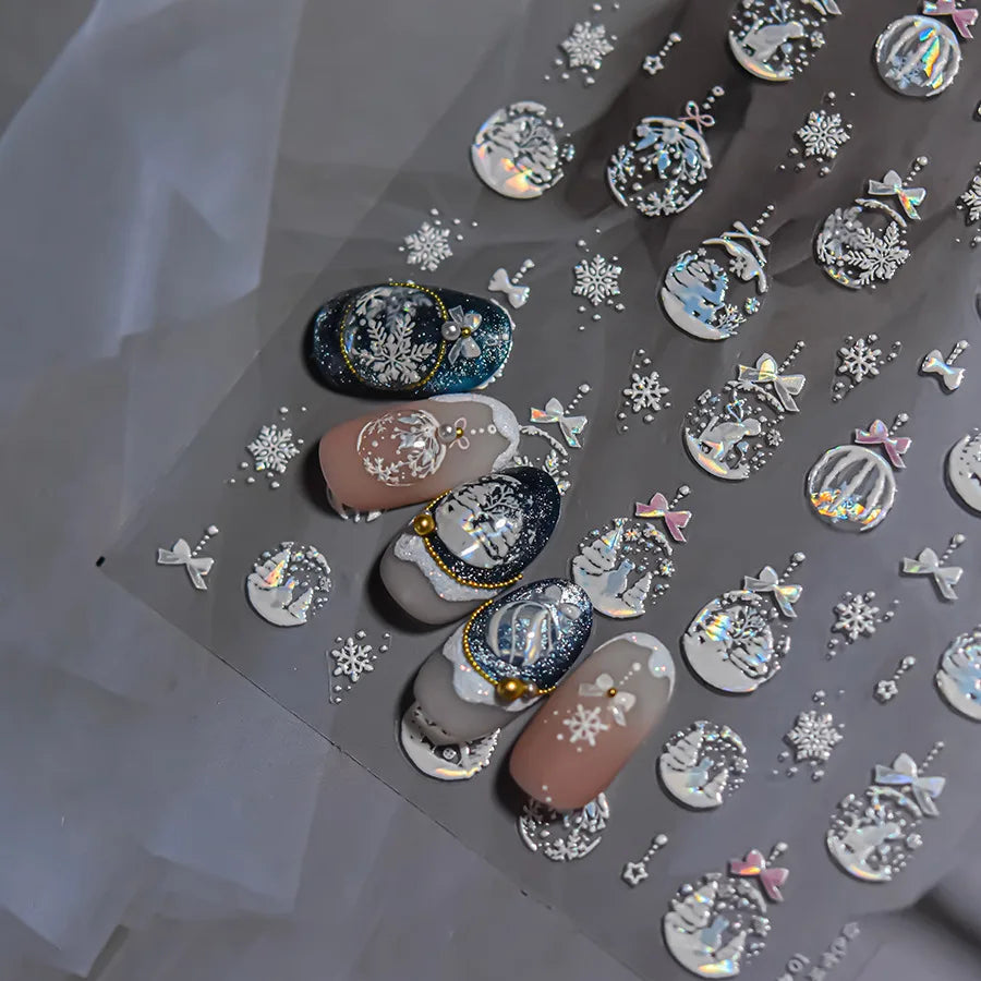 1pcs Bronzing Christmas Nail Stickers Cute Gold White Snowball