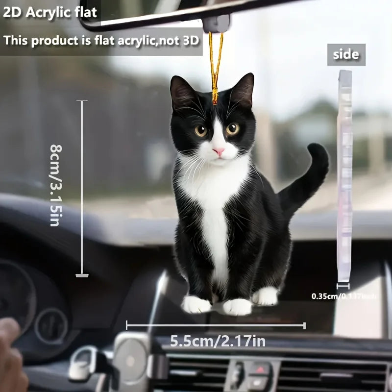 2D Acrylic Plush Black and White Cat Small Decorative Pendant for Car