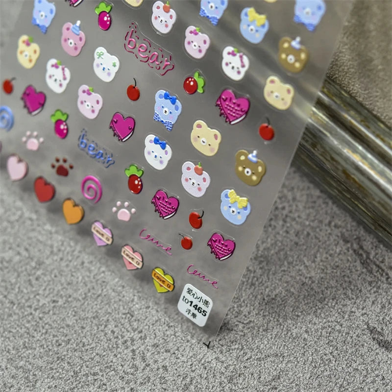 1PCS Relief Adhesive Cute Smiling Face Teddy Bear Nail Sticker