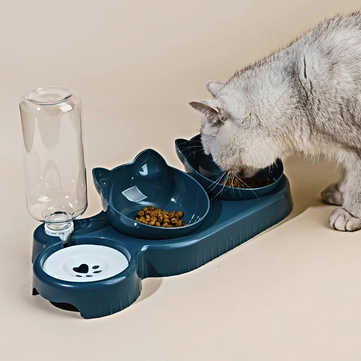 Pet Bowls With Water Feeder, 3 In 1 Ear Design Tilted Cat Water And
