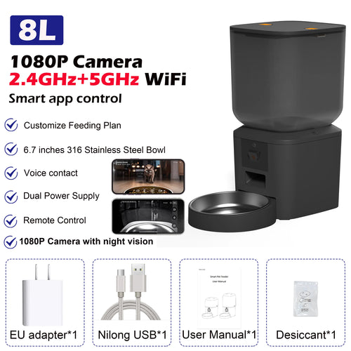 8L Automatic Cat Feeder With 1080p Camera Video 5G WiFi Cat Food