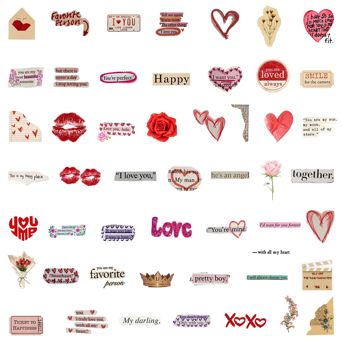 50PCS Love Valentine's Day English PET Sticker Cute Graffiti DIY
