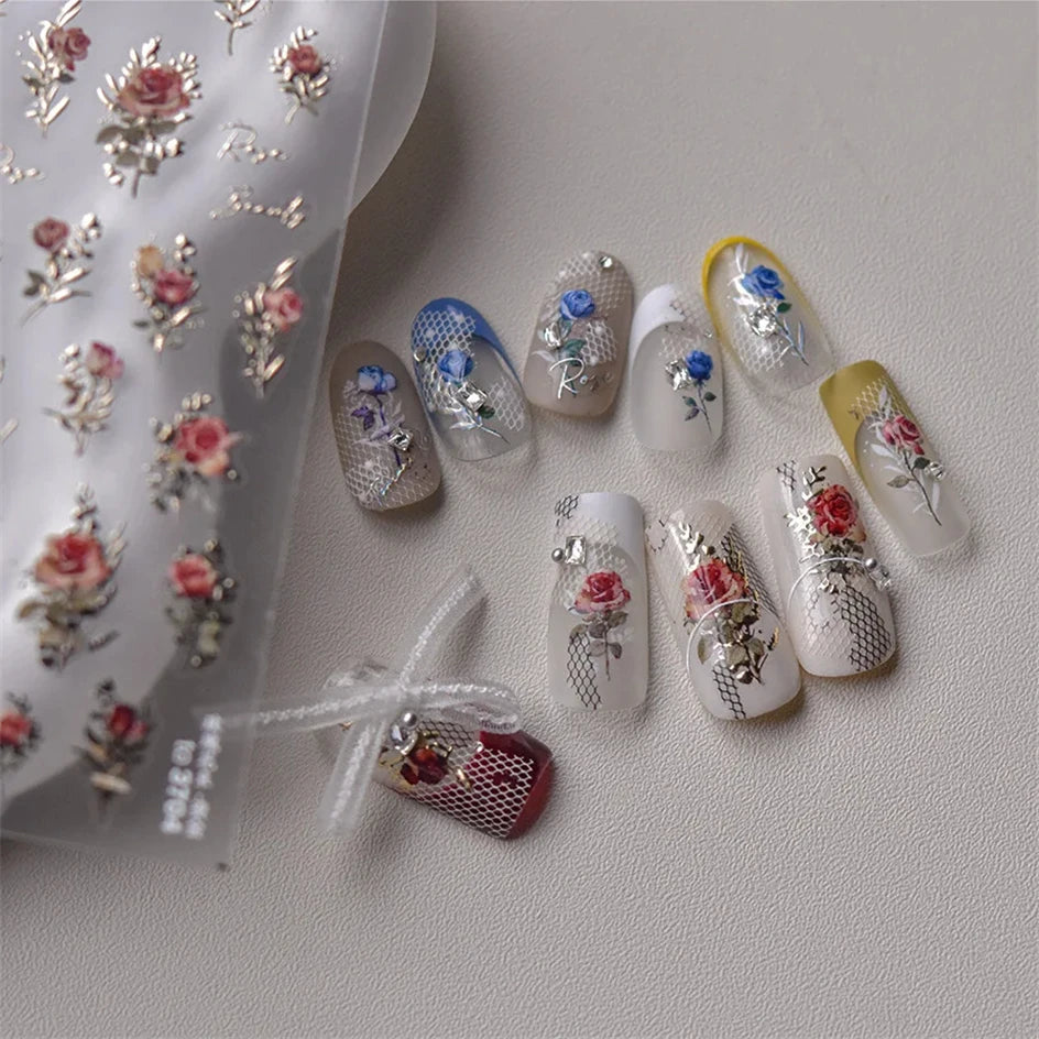 Japanese Vintage Red & Blue Rose Flower Laser Gold Silver Nail