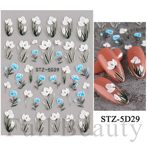 5D Simple Flowers Nail Embossed Stickers Elegant Wedding Design