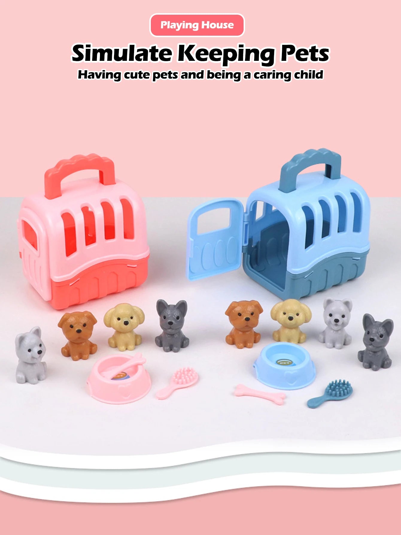 8pcs/set Cute Dog Pet Basket Family Toys Dog Doll Set Dog Cage Toys