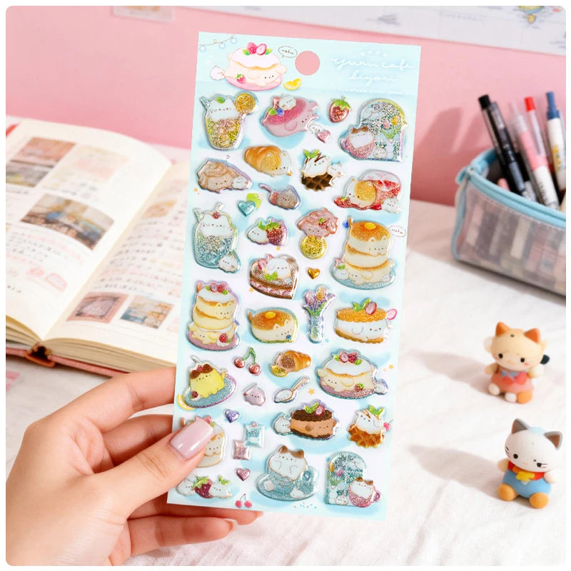 3 pcs/6 pcs Sweet Candy Pets Cat Coffee Cakes Flash Puffy 3D Stickers
