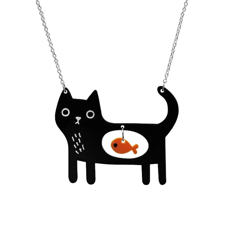 Cute Acrylic Black Cat And Fish Pendant Necklace Kawaii Pet Dog