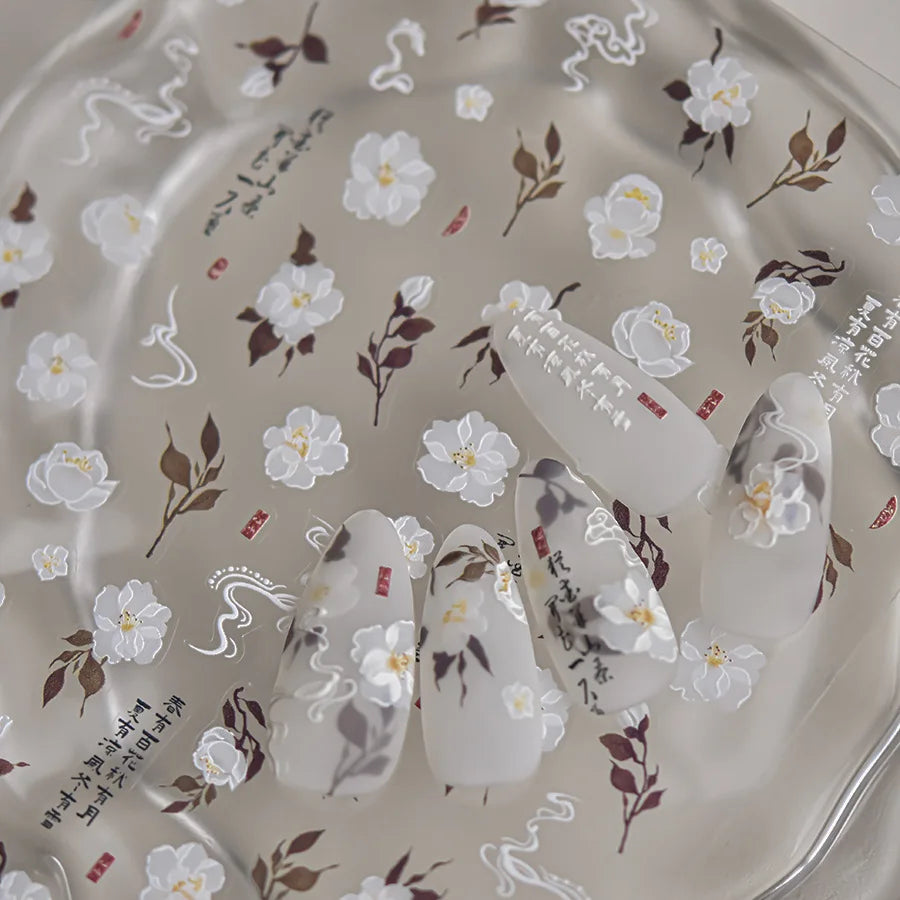 1 pc 5D Chinese style camellia nail sticker Vernal Equinox peach