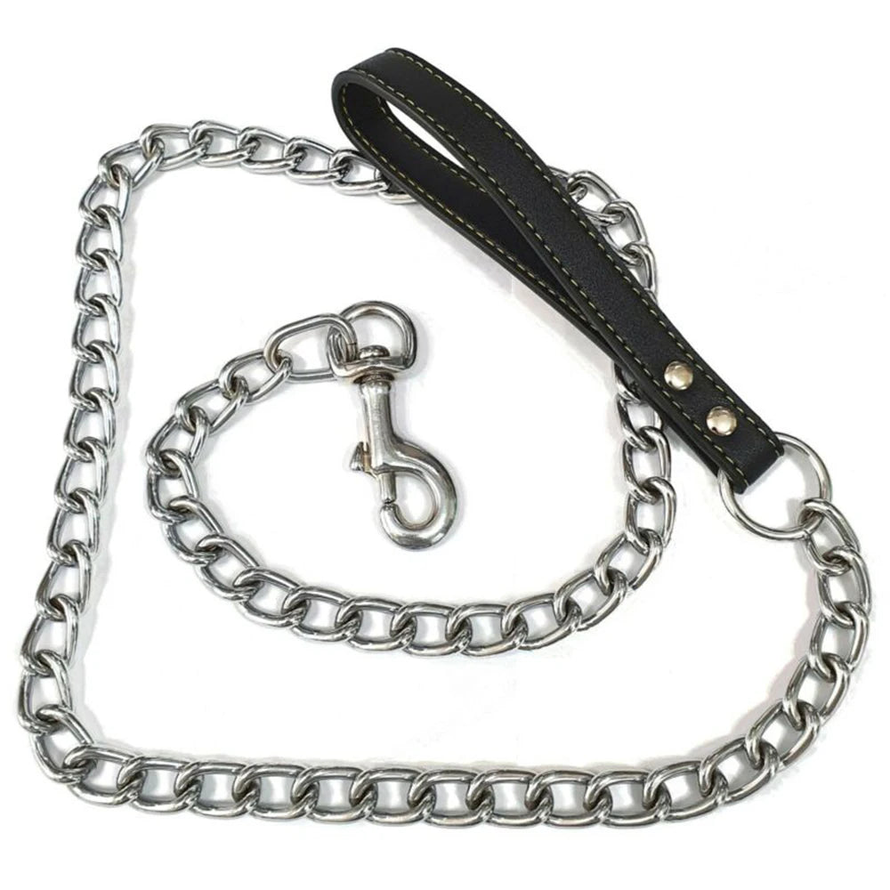 Metal Chain Dog Lead With Leather Style Handle Strong Control Leash