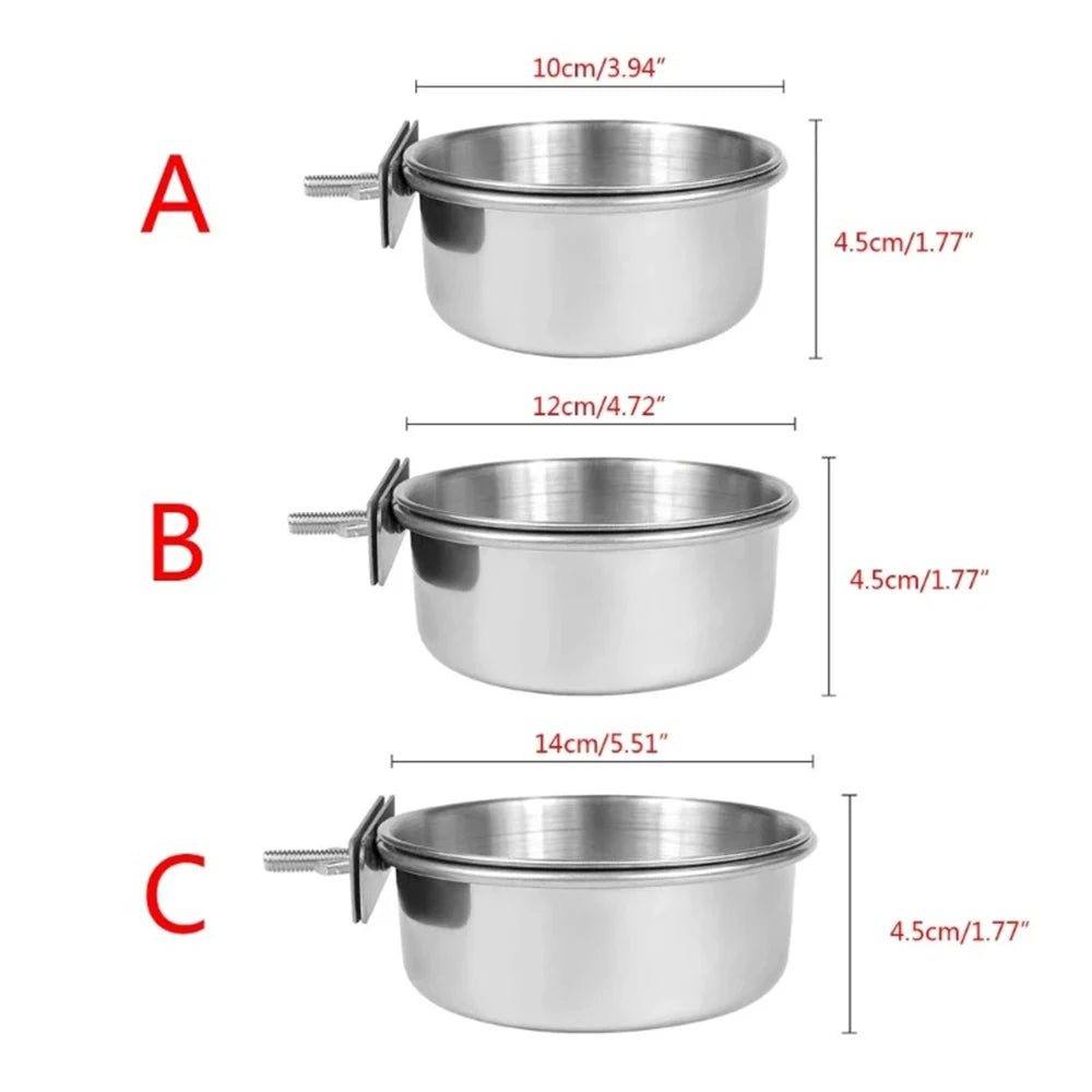 Parrot Rabbit Hamster Pet Food Dish Stainless Steel Clamp-on Water