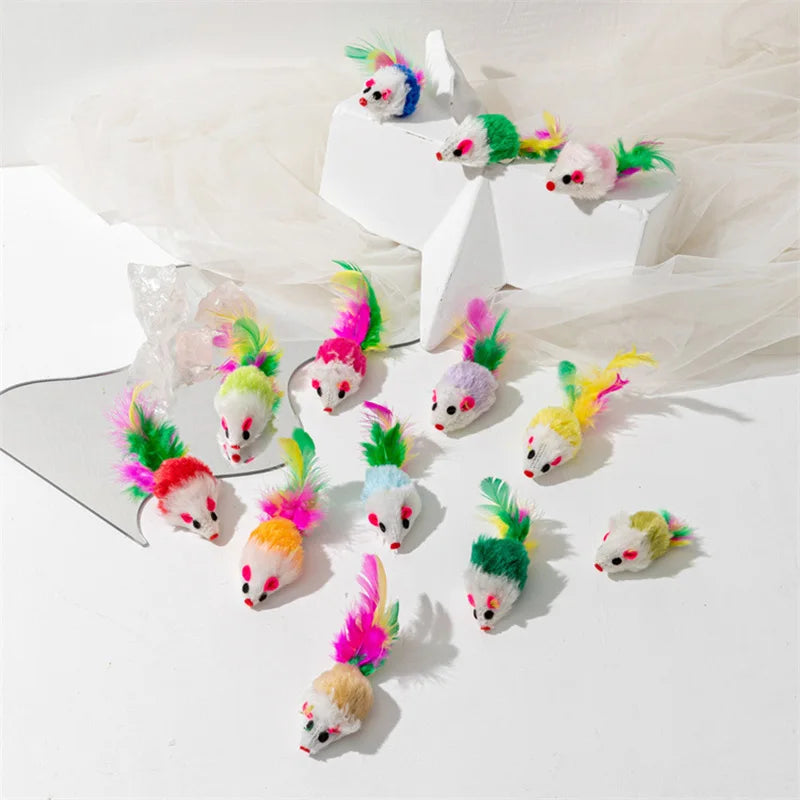 Pet Cat Toys Rabbit Fur False Mouse  Feather Rainbow Mouse Toy  Funny