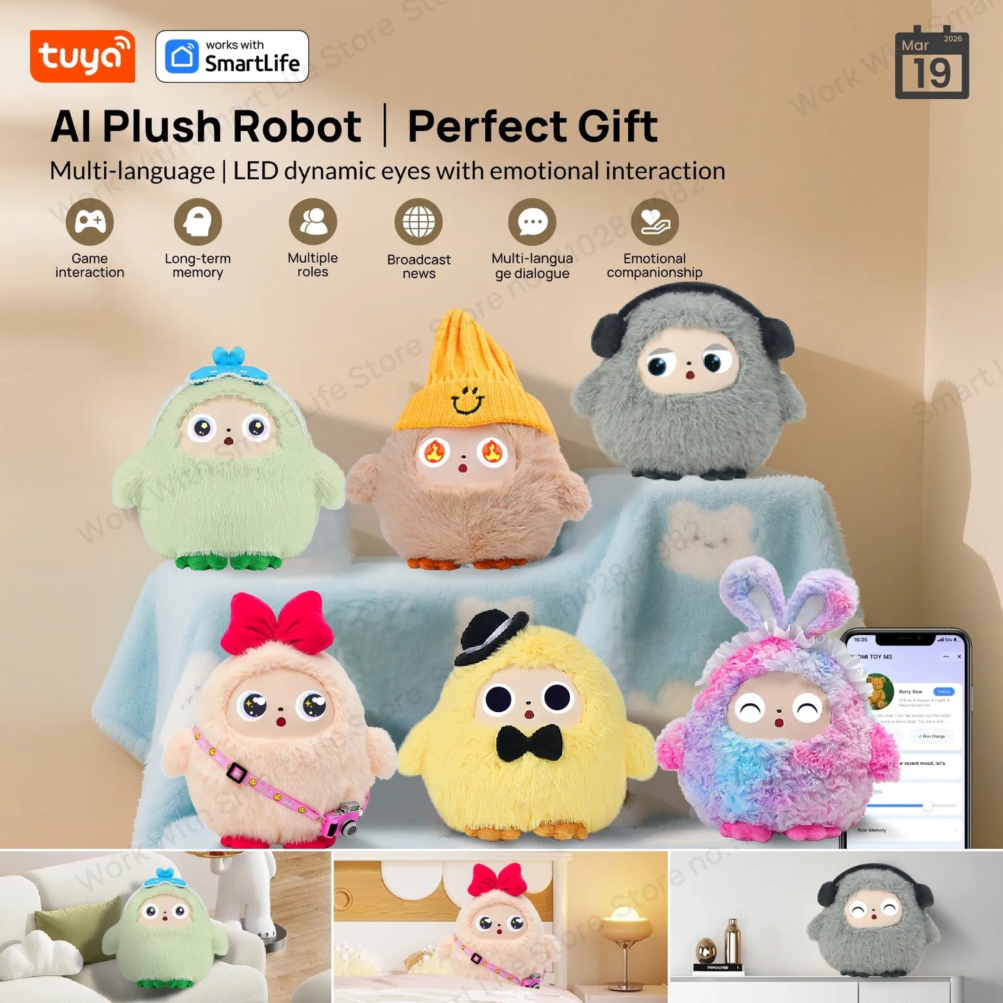 AI Plush Toy W/Smart Voice&LED Eyes,Interactive Companion for