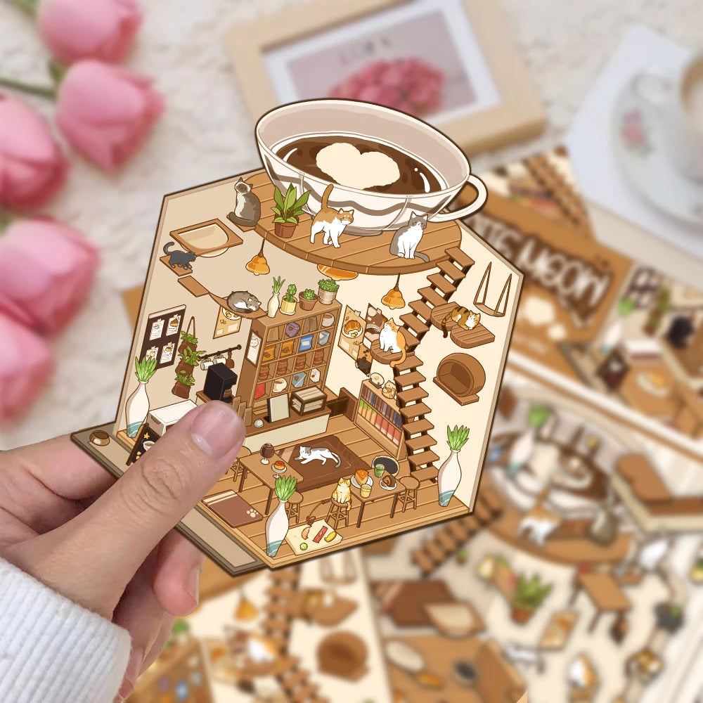 2PCS Creative Hot Shot Shrinking World Latte Meow Island Landscape
