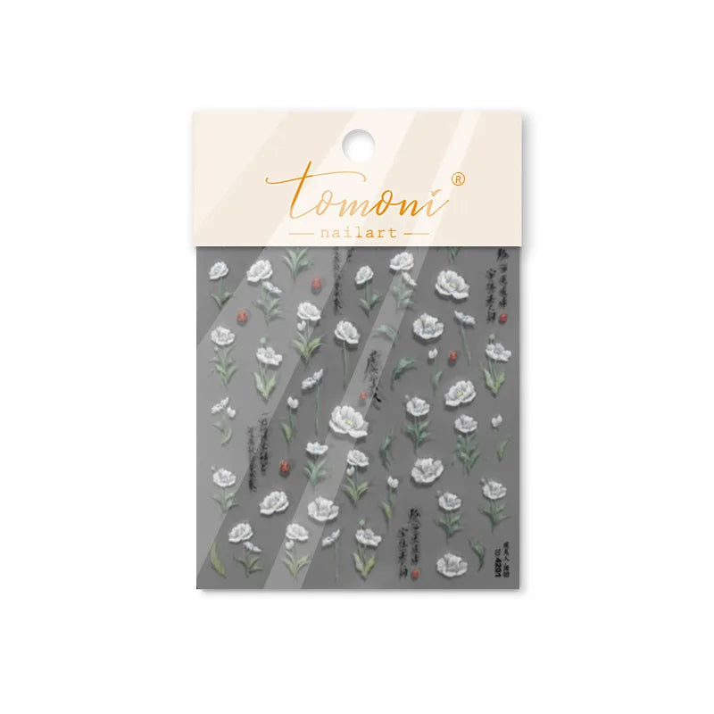 1 pc 5D Chinese style camellia nail sticker Vernal Equinox peach