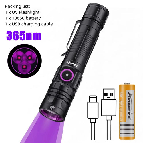3x365nm/395nm UV LED Flashlight High power Blacklight USB Rechargeable