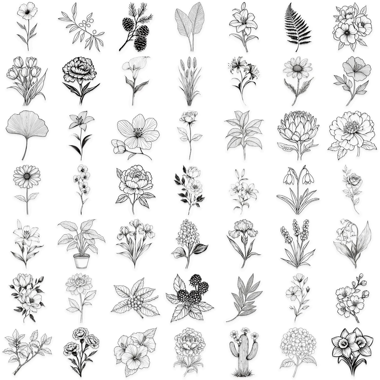 50pcs Black And White Vintage Retro Flower Plant Stickers Decals