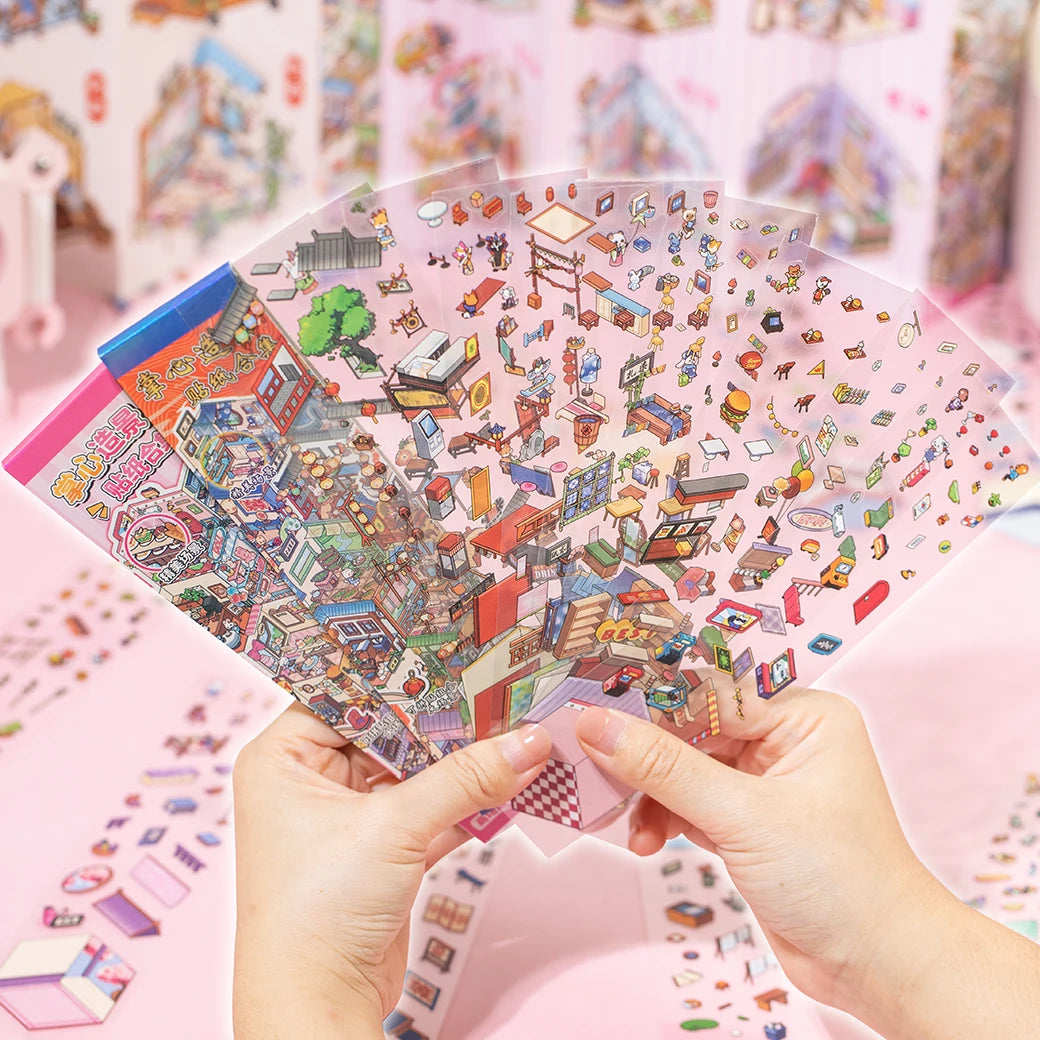 12Pcs 12in1 3D Landscape Stickers Collection Book Album Cartoon Scene