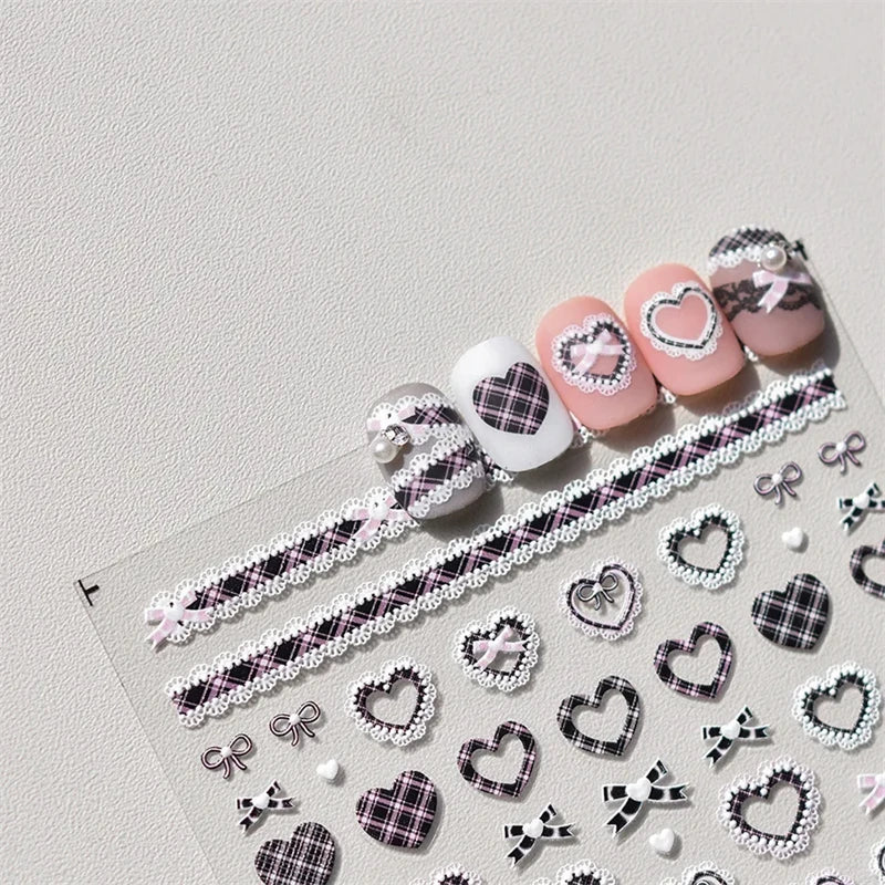 1pcs Sweet Pearl Lace Bow Nail Stickers Love Heart Pink White Black