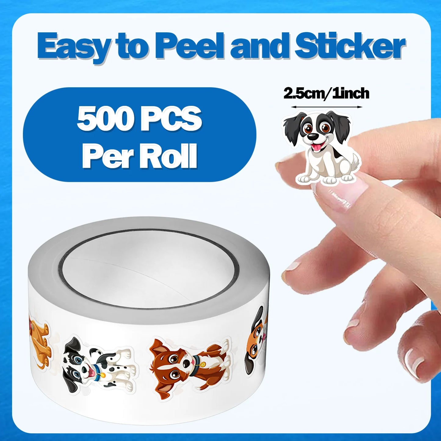 500Pcs/Roll Cute Pet Dogs Stickers 2.5cm/1.0'' 8 Designs Decals Diy