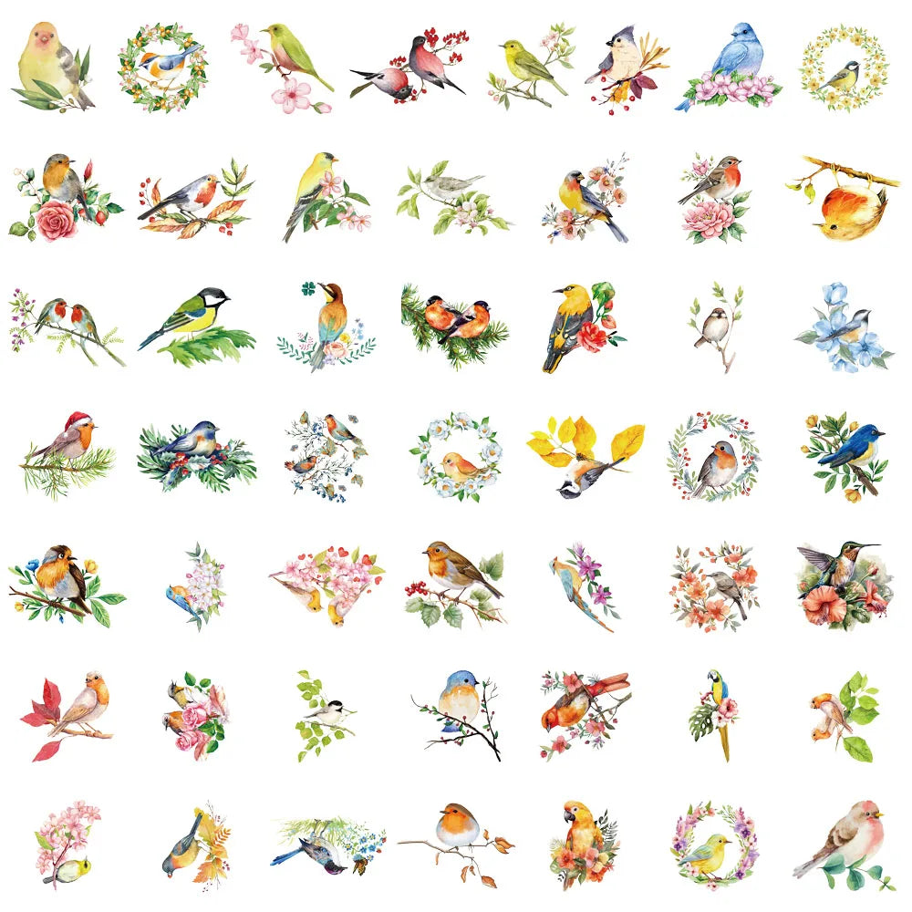 50PCS Water Splash Watercolor Bird Sticker Pack Waterproof Transparent