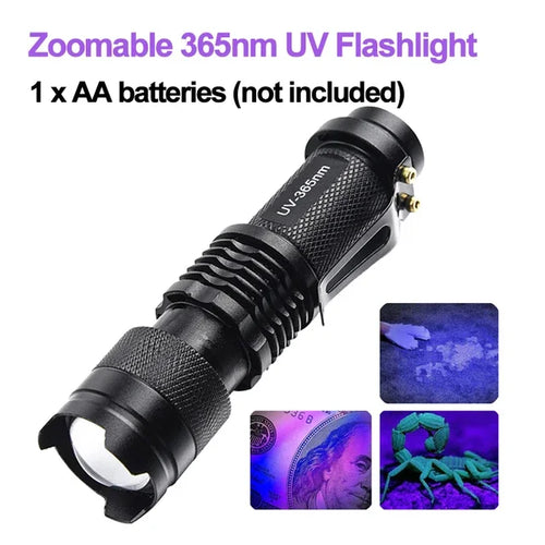 LED UV Flashlight 365/395nm Portable Mini Ultraviolet Torch Waterproof