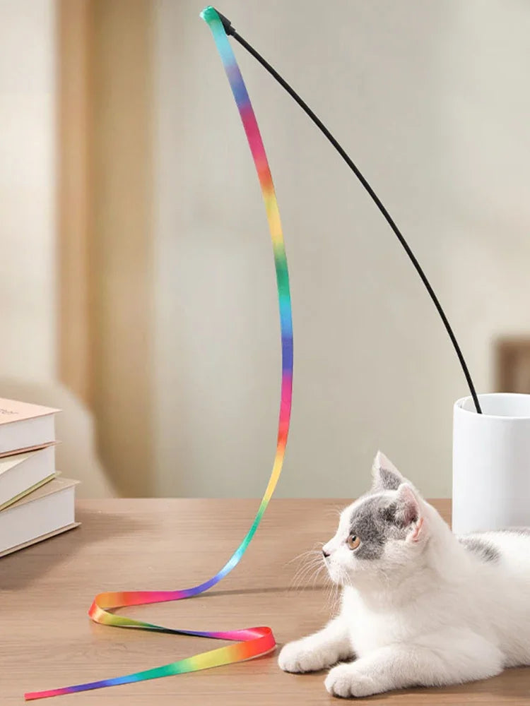 Interactive Coloured Ribbon Cat Toys Teasing Catd Stick Satin Ribbon