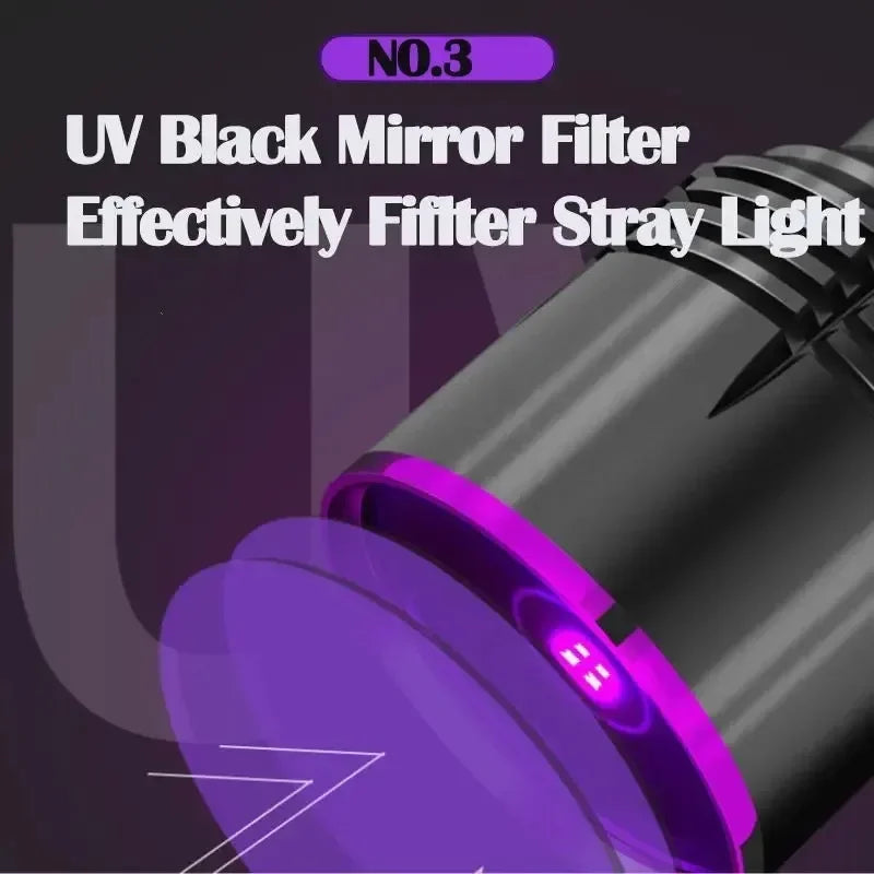 Powerful 365NM UV Flashlight USB Rechargeable Waterproof Purple Light