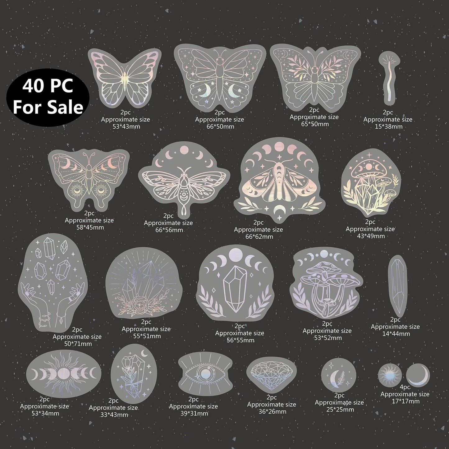 40pcs Holographic Glitter Stickers PET Transparent Shiny Waterproof