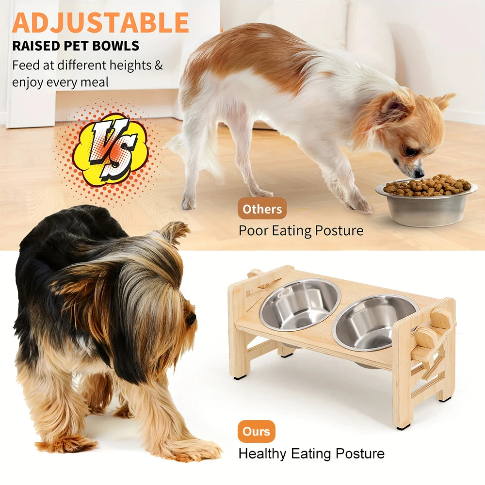 Adjustable wooden raised dog bowl stand with 2 stainless steel bowls