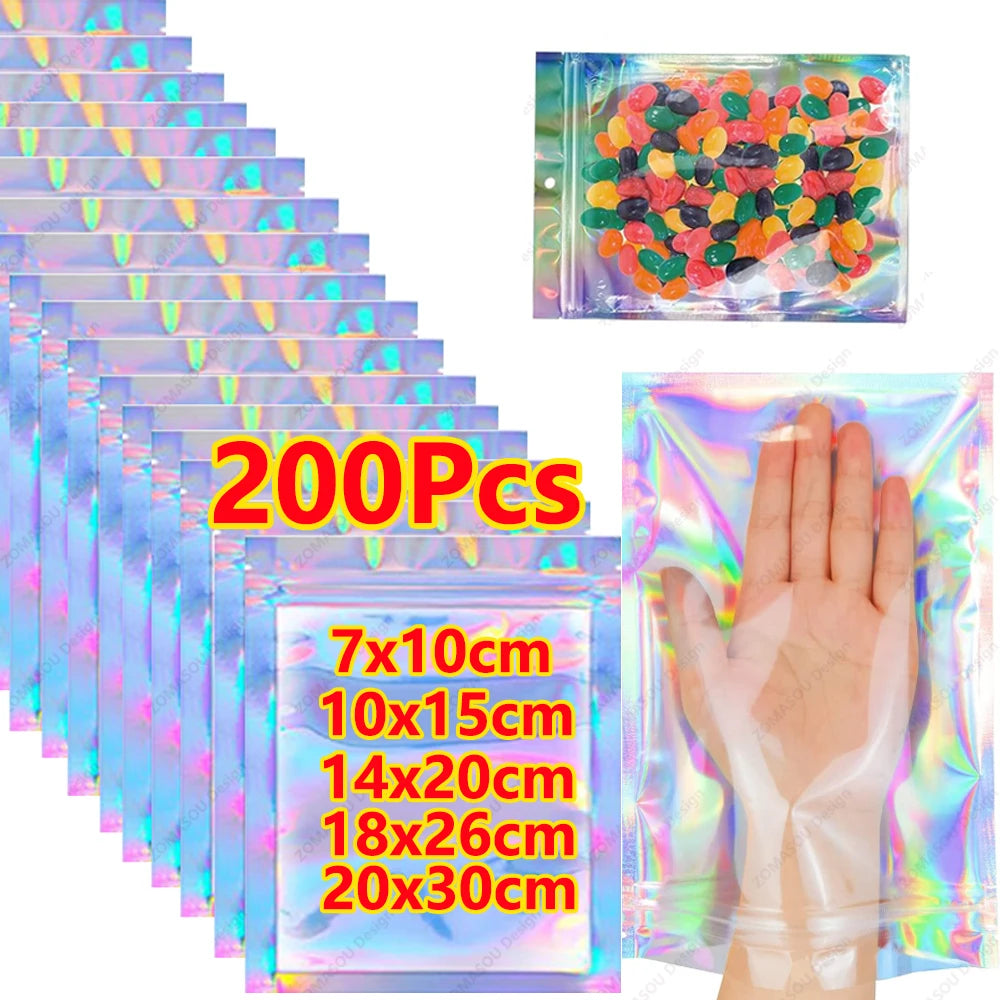 200-1PCS Laser Sealing Bags Color Plastic Holographic Candy Food Pouch