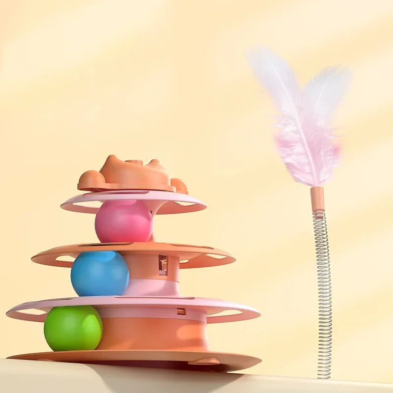 1pcs 4-Layer Feather Cat Turntable With Fun Toy Ball And Playing Stick