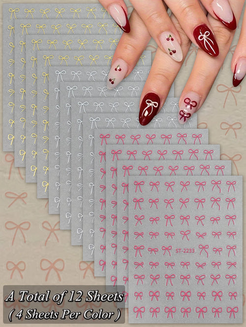 6/12/18/24/30 Sheets Bowknot Nail Stickers Cute Ribbon Design Self
