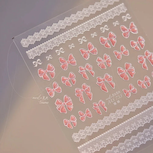 1pcs Sweet Pearl Lace Bow Nail Stickers Love Heart Pink White Black