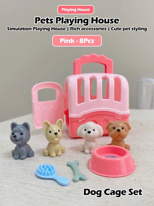8pcs/set Cute Dog Pet Basket Family Toys Dog Doll Set Dog Cage Toys
