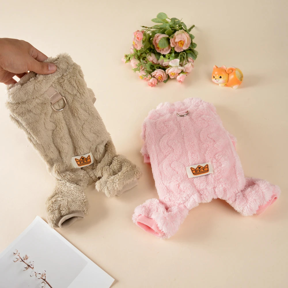 Soft Dog Clothes For Winter Warm Puppy Jumpsuit With D-ring Flannel