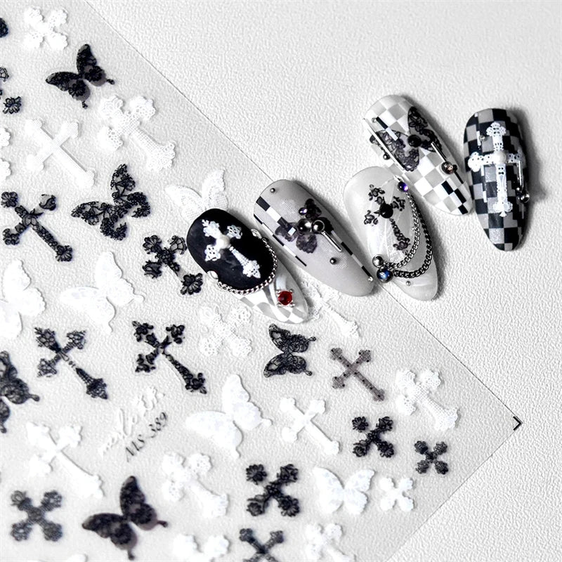 Sexy Woman Black White Lace Butterfly Cross 5D Soft Embossed Relief