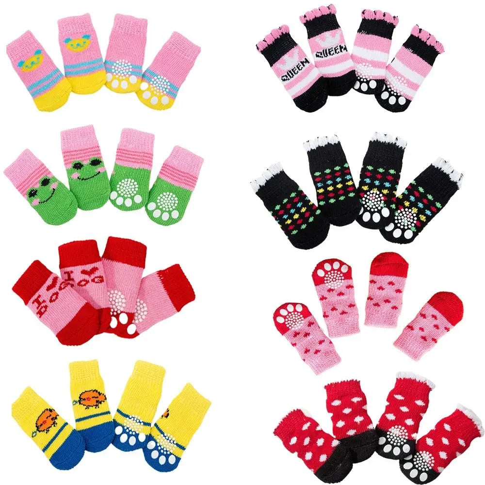4Pcs Pet Cat Dog Floor Anti-slip Socks Autumn Winter Warm Soft Wool