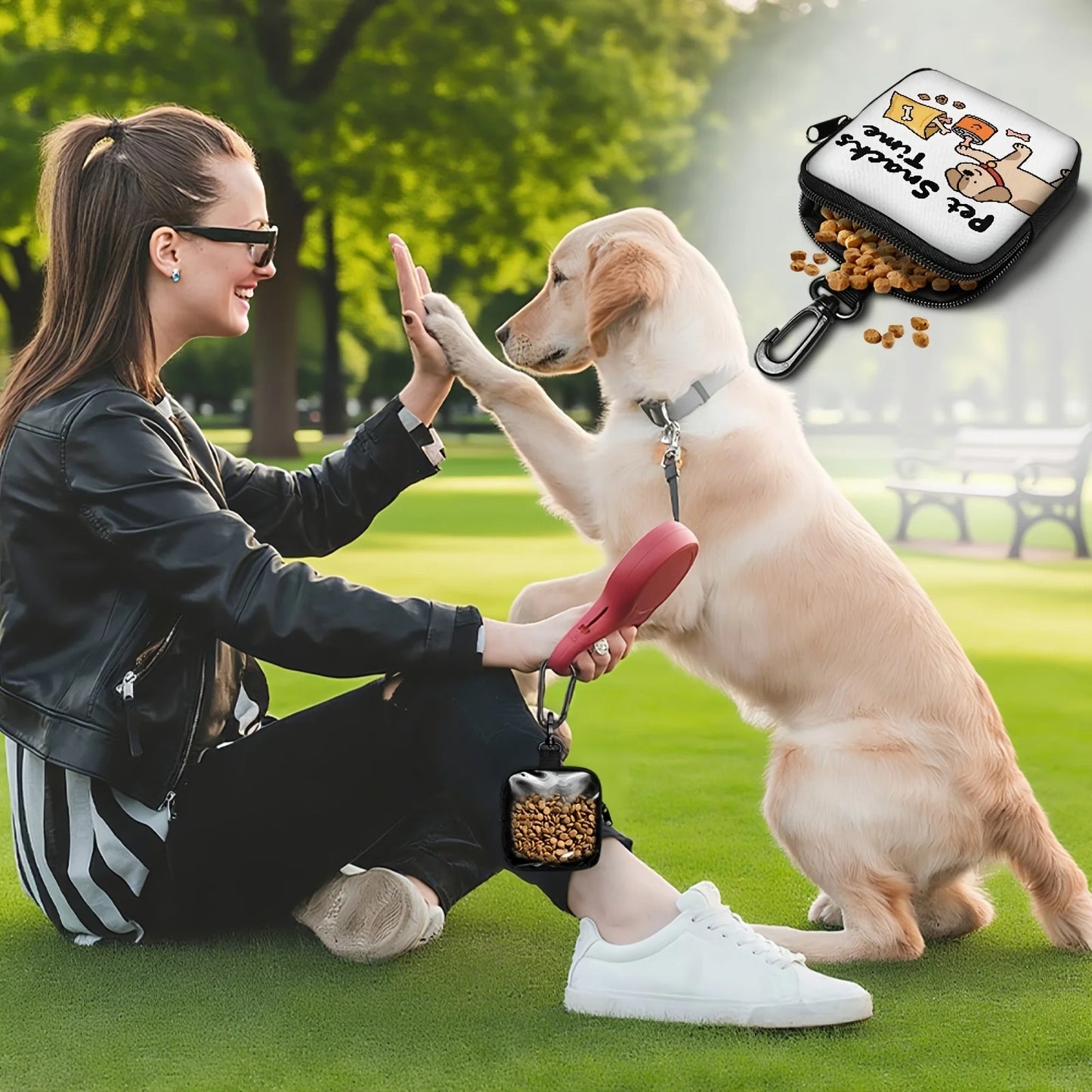 1Pcs Dog Print Dog Treat Bag with Hook and Zipper - Pet Training Set,