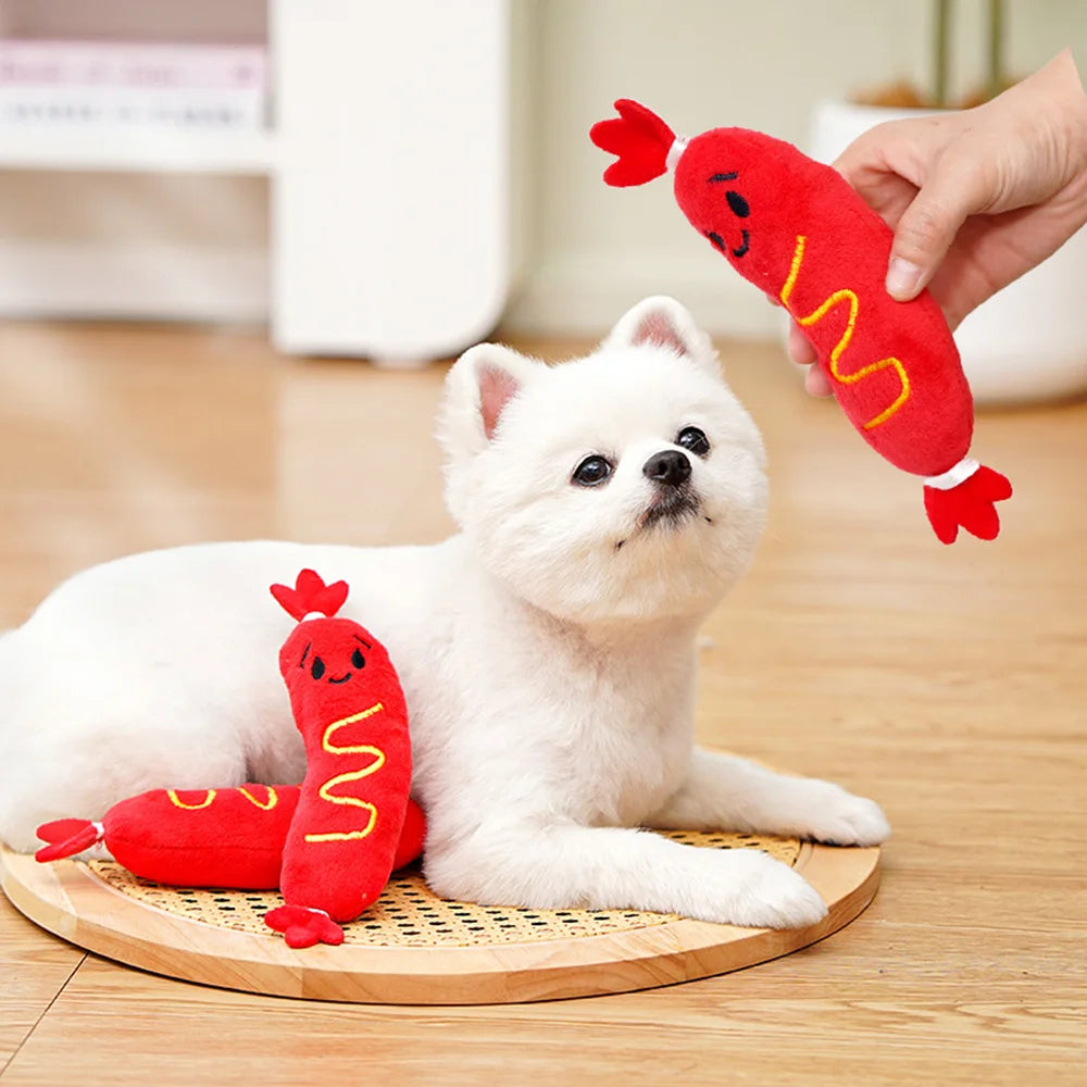 Squeaky Plush Pet Toys: Hot Dog Embroidered Chew Toys for Dogs & Cats,