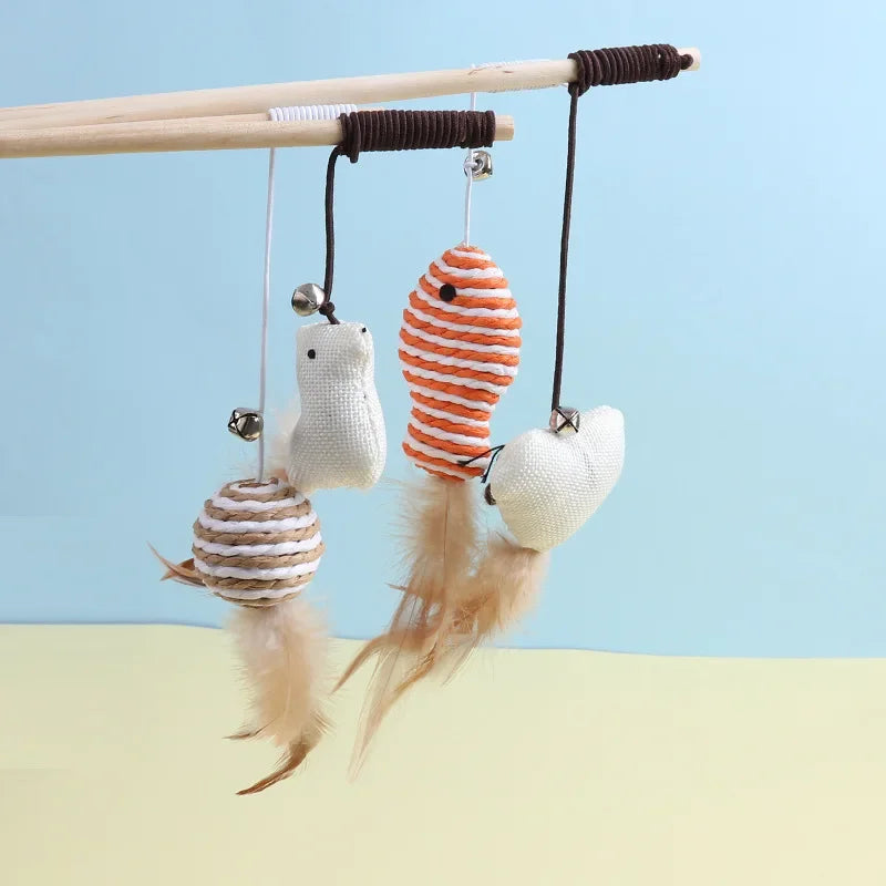 New Mouse Wooden Teasing Cat Rod Cat Toy Pet Supplies Feather Bell