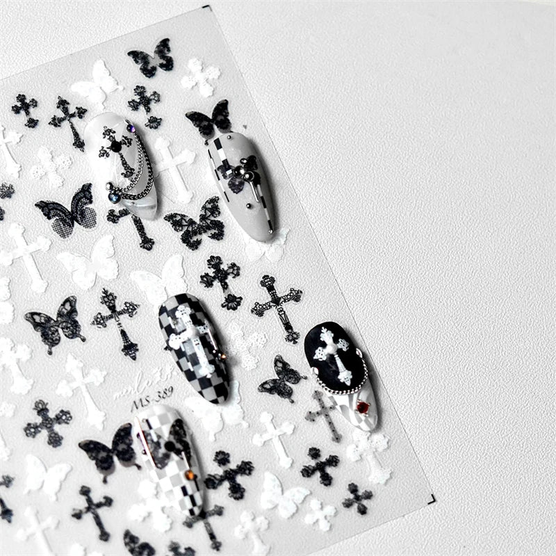 Sexy Woman Black White Lace Butterfly Cross 5D Soft Embossed Relief