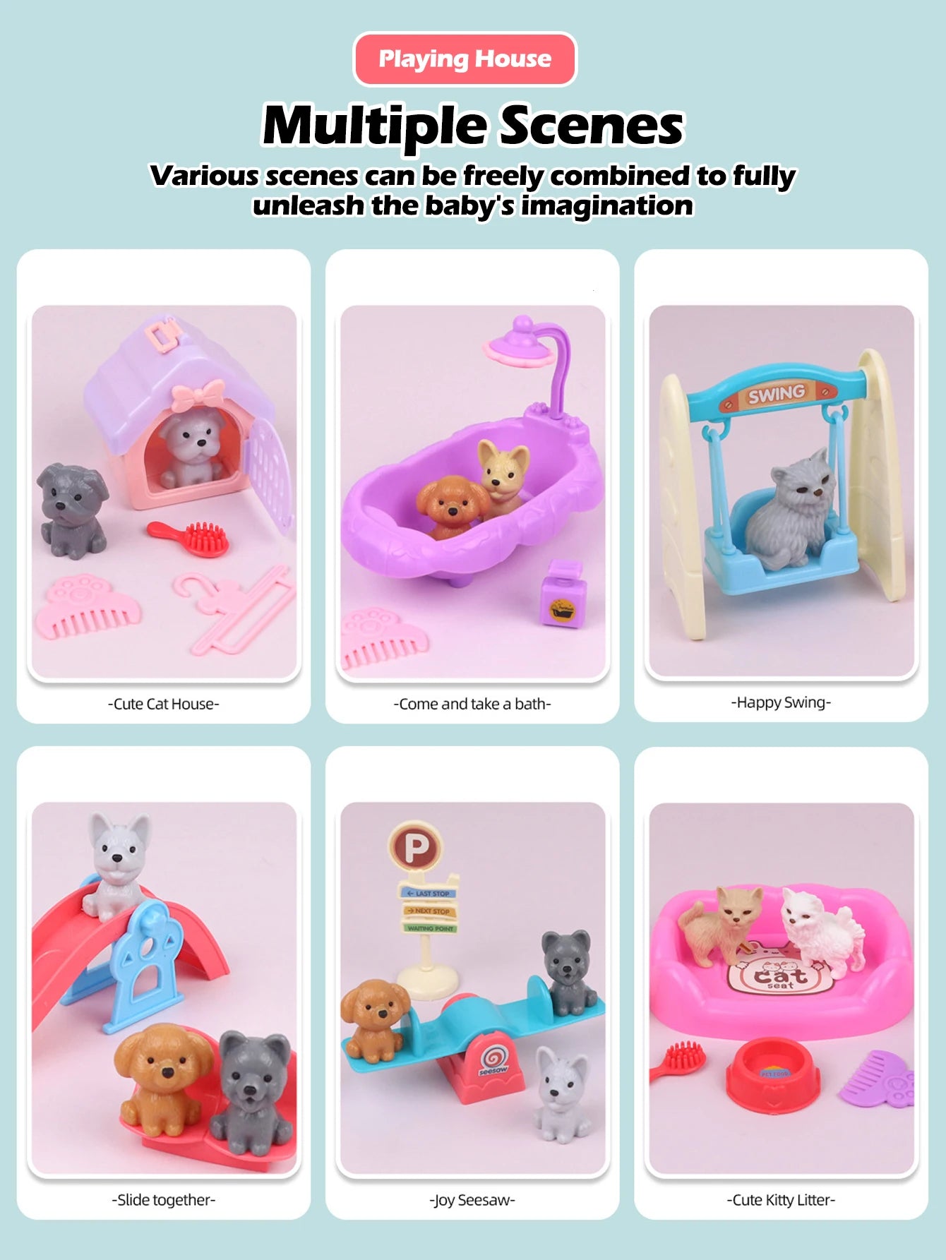 Cute Dog Pet Basket Family Toys Dog Doll Set Dog Cage Toys Scene