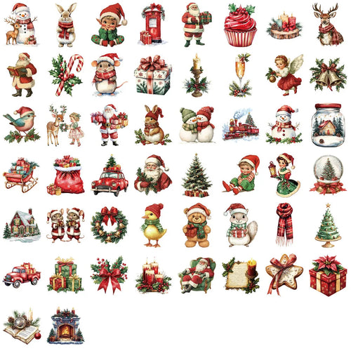 50 Pieces Transparent Cartoon Retro Christmas Sticker Pack -