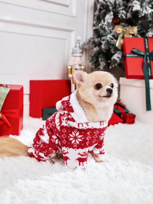1pc Pet Christmas Reindeer Graphic Pajamas Hooded Jumpsuit For Puppy,
