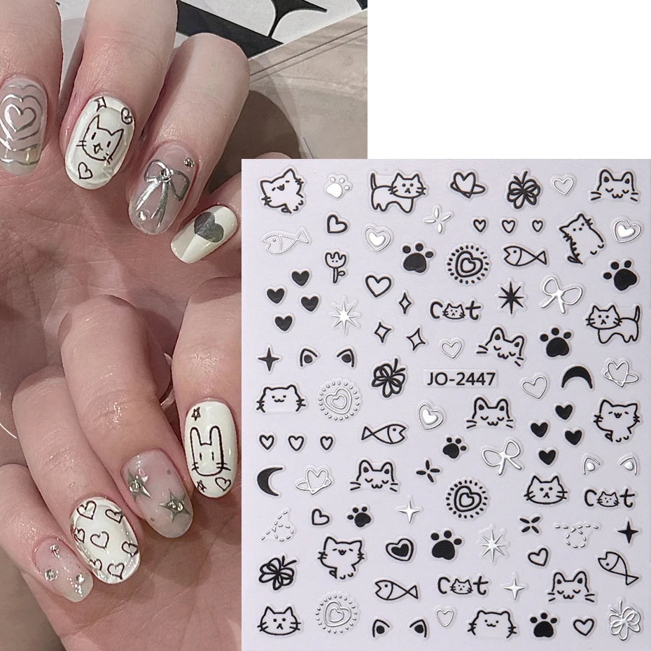 2Pcs Cartoon Cute Cat Nail Childlike Stickers Holographic Love Heart